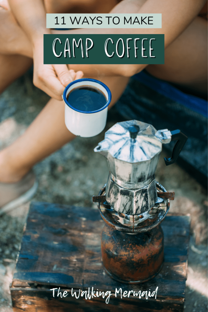 a woman making an espresso during a camping trip