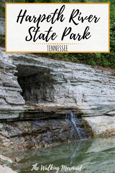 harpeth river state park waterfall tunnel in a rock mountain in nashville tennessee overlay