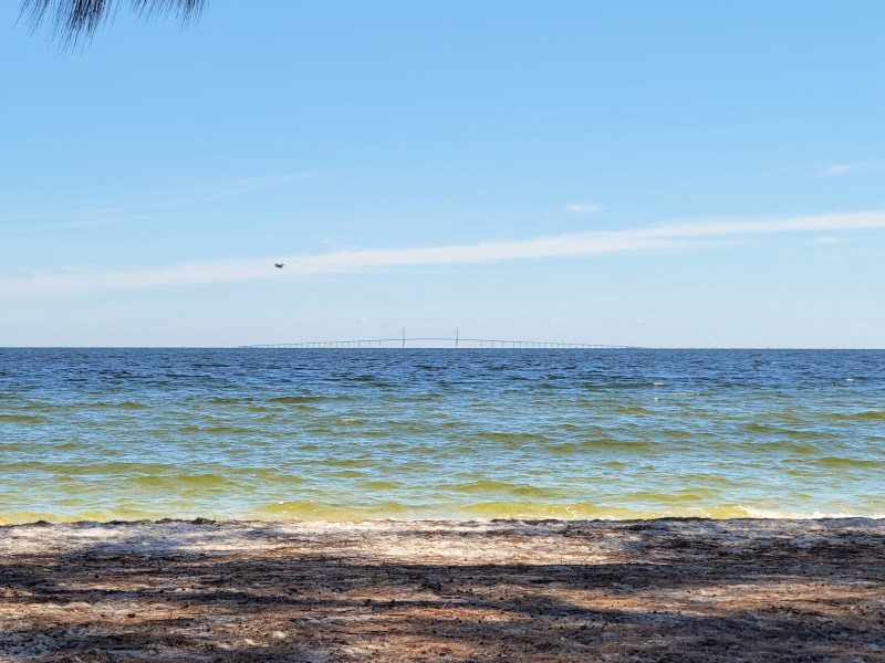 View of Tampa Bay and the Skyway Bridge in Tampa from Bayfront Park in Anna Maria Island. 