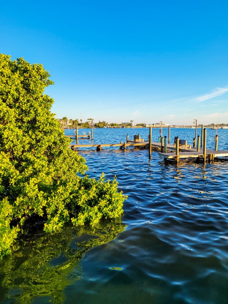 Photo of the dock view towards the canal from Captain's Quarters vacation rental homes - Anna Maria Island. 