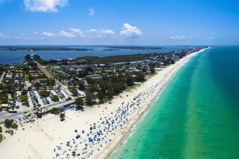 Aerial view of Manatee Public Beach in Anna Maria Island, Florida. 