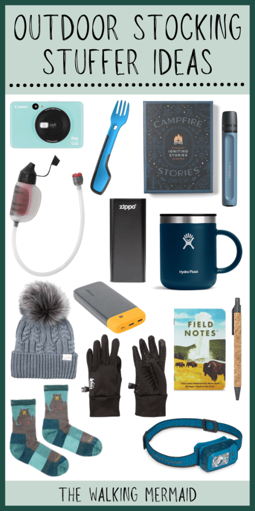 A photo collage of stocking stuffer gift ideas for campers, hikers, backpackers, and outdoor enthusiasts.