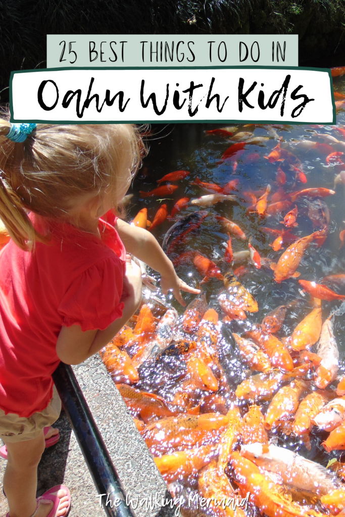 a girl feeding koi fishes at Byodo In Temple. Posted on a travel guide that features the best things to do with kids on Oahu, Hawaii. 