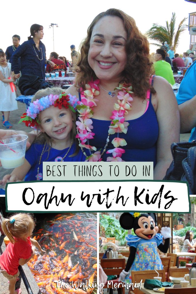 Photo collage of family outings around Oahu including a luau with a girl and her grandmother, a girl feeding Koi fish at Byodo In Temple and Minnie Mouse at the character breakfast in Aulani Resort. Posted on a travel guide that features the best things to do with kids on Oahu, Hawaii. 