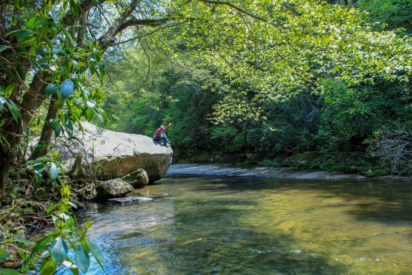 blue hole greeter falls creek river passing by boulders rocks clear water