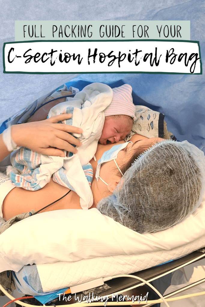 Mother having a c-section holding her baby for the first time. Posted on a blog post that shares a full packing guide for your c-section hospital bag including your spouse's hospital bag and baby's hospital bag. 