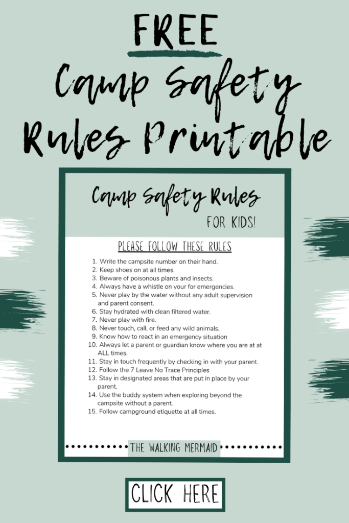 Camp Safety Rules freebie for subscribers. Posted on Camping Safety Rules for Kids on The Walking Mermaid blog. 