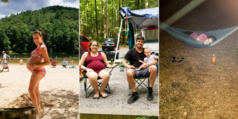 photo collage of a pregnant woman camping, swimming at the lake and sitting at the campground with her husband and niece