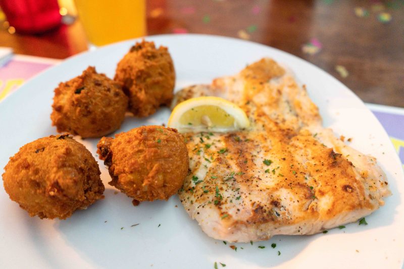 A mahi mahi fish and hush puppies for dinner from Cajun Jimmy's Seafood Seller and Cafe in Crystal River. 