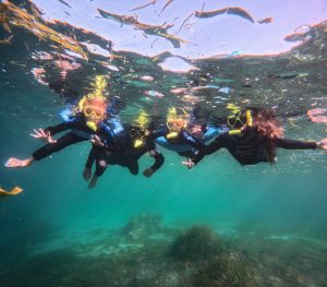 A family snorkeling at Crystal River at Three Sisters Springs and King Bays swimming with manatees.