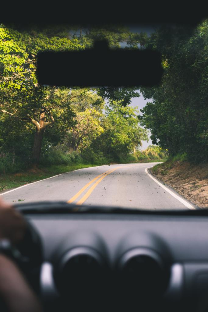 view of the road through the windshield during a road trip