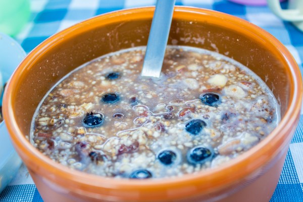 peak sherpa tsampa barley cereal with coffee and boiled eggs breakfast while camping