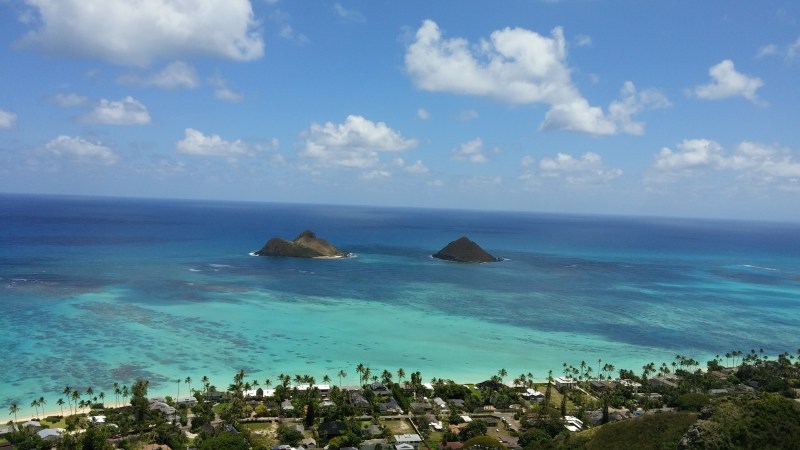 view of Mokulua Islands from the pillbox at Lanikai Hawaii