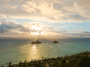 photo of the islands at sunrise from the lanikai pillboxes