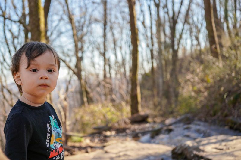 A boy standing by the water during a hike at Monte Sano State Park in Huntsville, Alabama