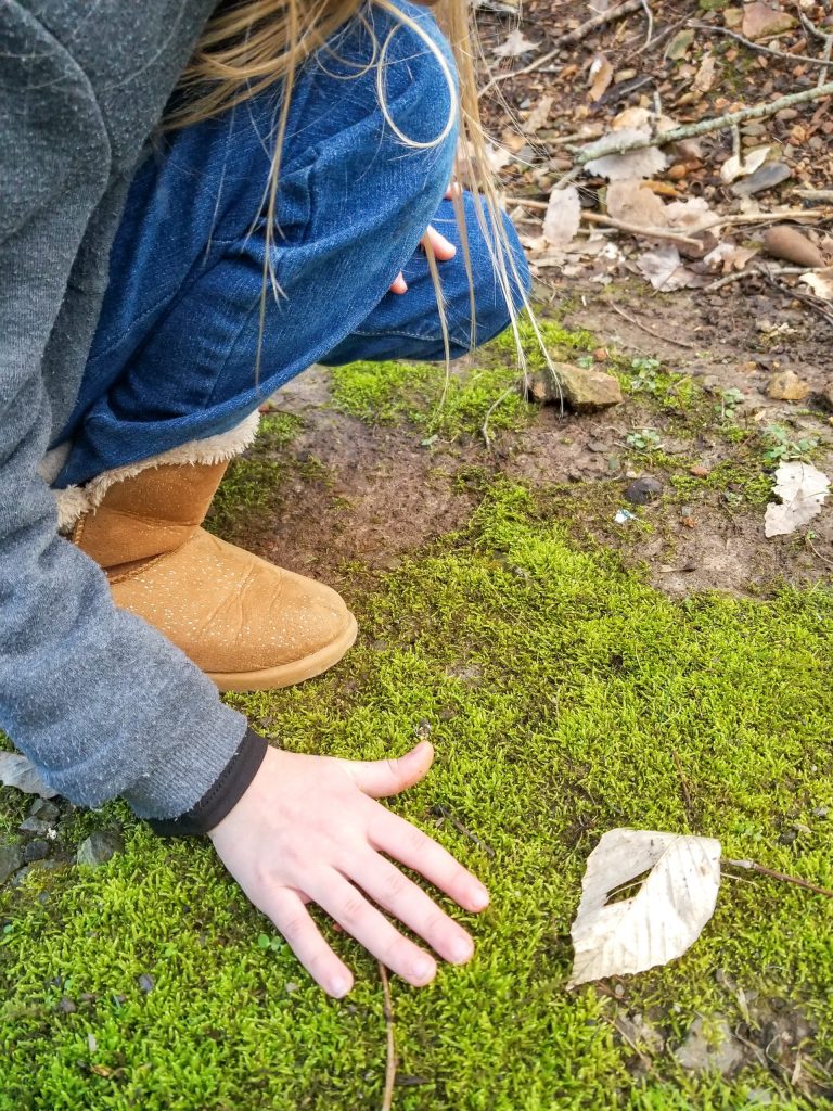 girl touching moss sensory play nature's touch