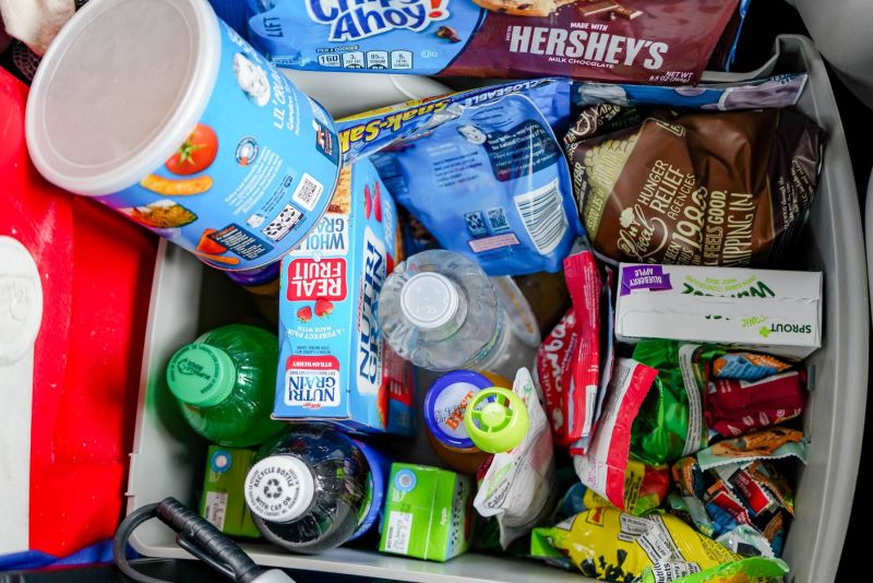 a basket full of snacks for kids for a road trip