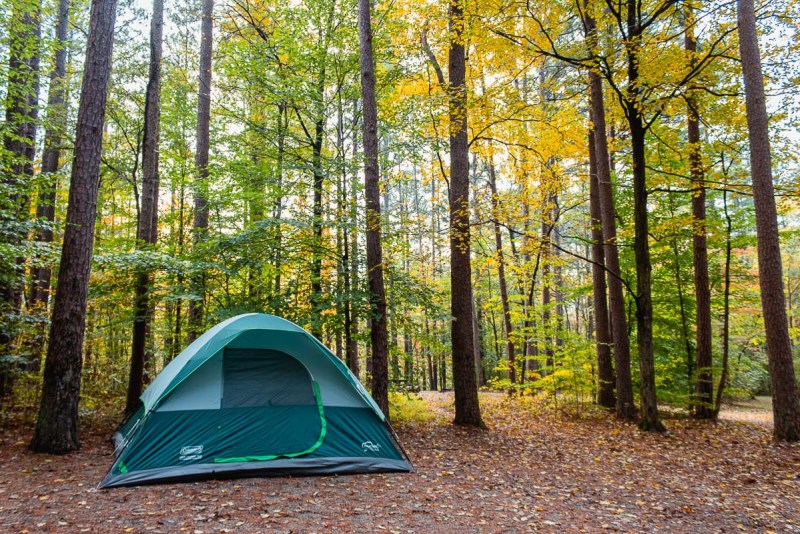 a tent set up at Redbud Campground at Bell Smith Springs in Shawnee National Forest, Illinois.