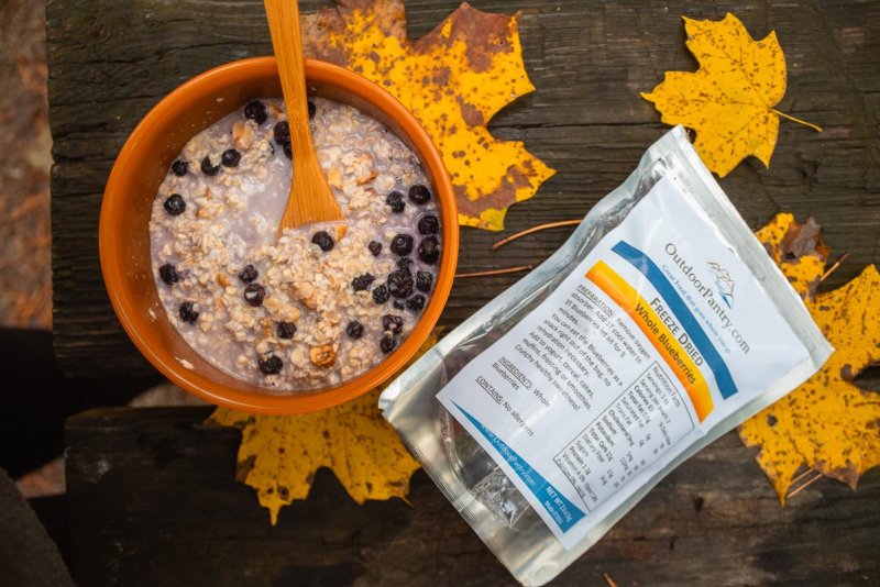 A delicious instant oatmeal with nuts and blueberries from Outdoor Pantry made during a fall camping trip to Illinois.