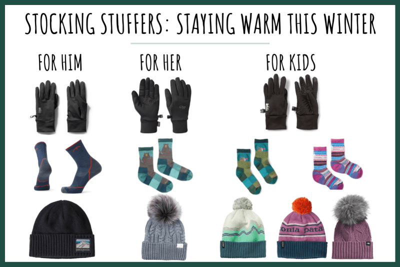 Photo collage of gloves, wool socks, and beanies that will make cute stocking stuffers for hikers and campers, men, women, and kids. 