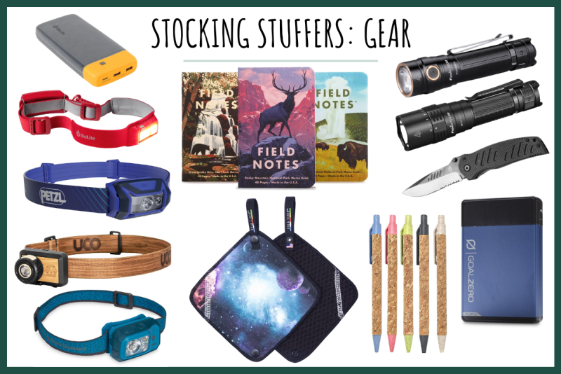 Photo collage of headlamps, kula cloth, notebook, pens, flashlight, power banks, and a knife. Stocking stuffer ideas for outdoor enthusiasts.