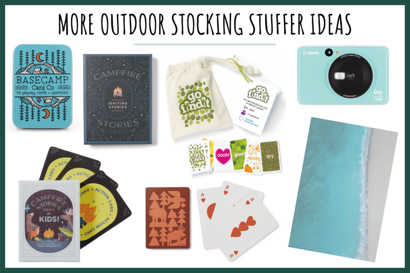 Outdoor games, polaroid camera, and cards perfect for stocking stuffers for outdoorsy people.