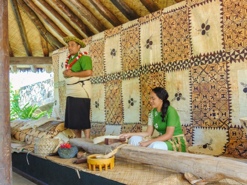 Hawaiians teaching the art of lauhala weaving. Village of Hawai'i at The Polynesian Cultural Center. 