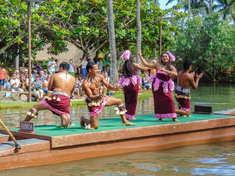 Samoans performing native dances during the canoe pageant event at The Polynesian Cultural Center attraction in Oahu, Hawai'i. 