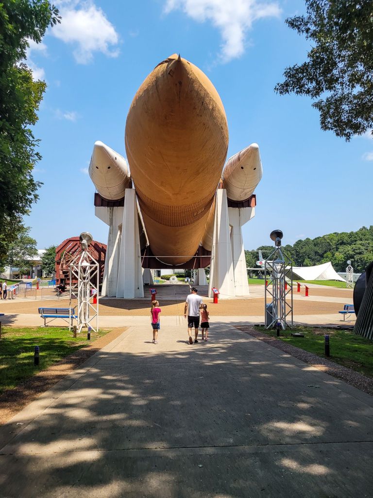 photo of a family walking to the pathfinder shuttle at us space and rocket center in huntsville alabama