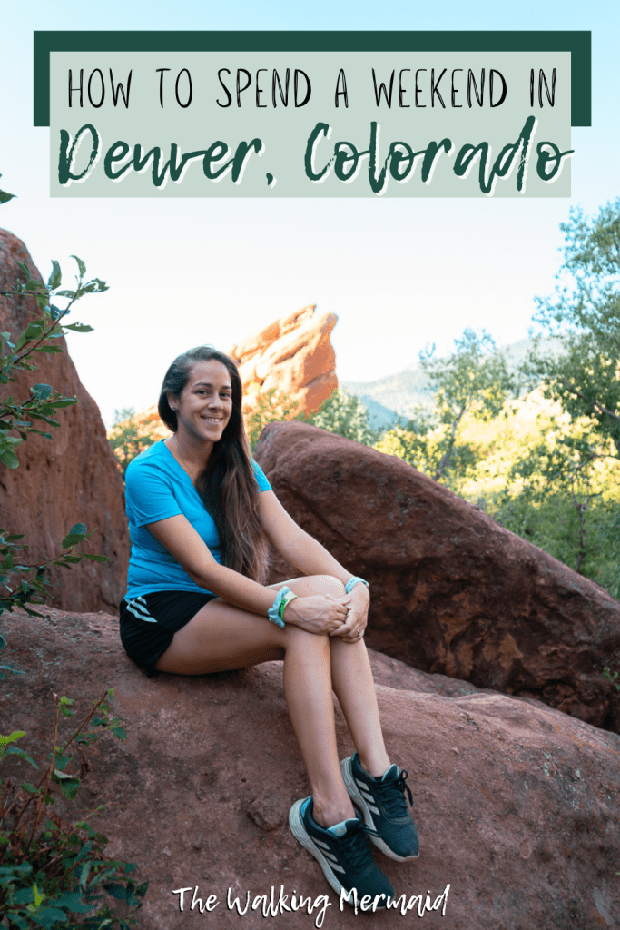 Photo of Jessica Tejera (a woman) hiking at Red Rocks at Denver, CO with overlay.